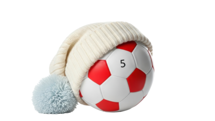 Isolated soccer ball wearing a knitted hat a whimsical sports holiday season image