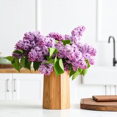 A beautiful bouquet of fragrant purple lilac flowers in a wooden vase on a white kitchen counter.