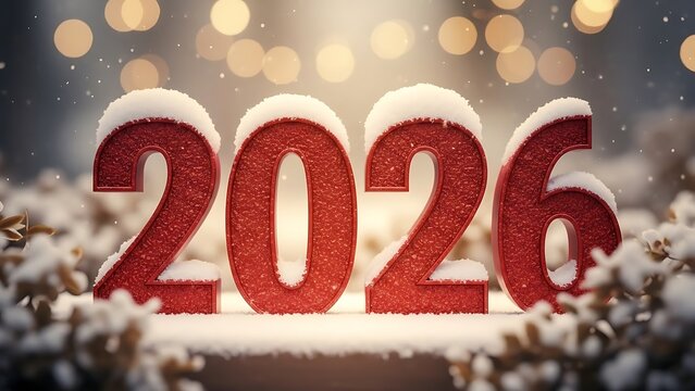 Red glittering number 2026 covered in snow for new year