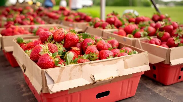 A closeup shot of a strawberry stall, showcasing a variety of fresh strawberries in various stages of bloom. The strawberries are displayed in wooden crates.