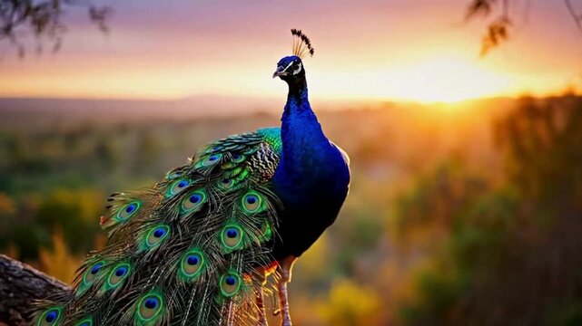 Peacock perched on a branch against a vibrant sunset backdrop