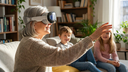 Happy senior woman wearing virtual reality headset experiencing metaverse at home with family in background
