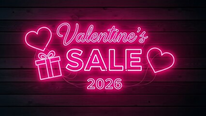 Neon sign for valentine sale with heart and gift box icon