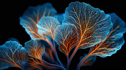 An artistic depiction of vibrant, luminous leaves featuring intricate vein structures