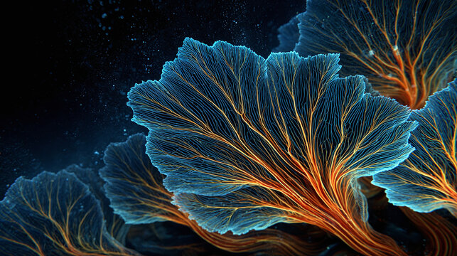 Glowing ethereal leaves with intricate veins and a dark background create a mesmerizing image. The interplay of light and texture suggests a sense of depth and mystery