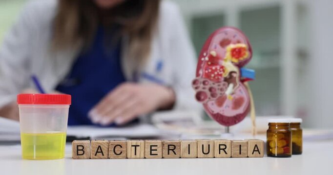 Wooden blocks spell word Bacteriuria beside urine sample container. Woman doctor studies kidney model evaluating Bacteriuria findings at table