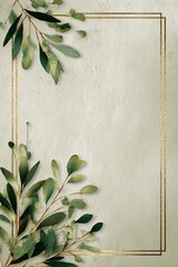 Elegant Floral Frame with Green Leaves and Gold Line Design on Textured Background