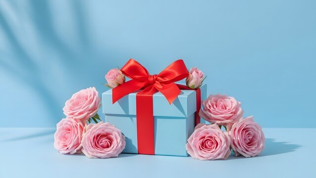 Blue gift box with red ribbon and pink roses on blue background
