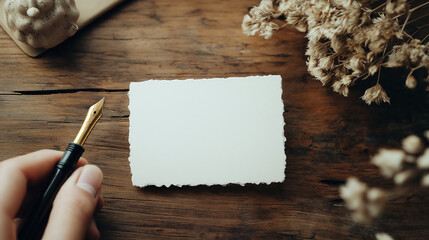 Blank business card with torn-edge texture on wooden surface alongside a fountain pen and dry flowers