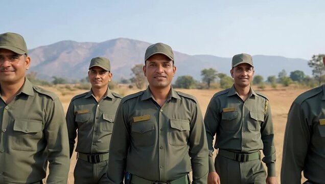 Indian military personnel walking toward camera on open field ending in close up smile