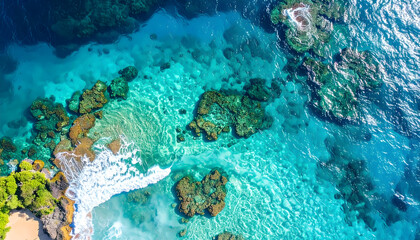 Obraz premium Aerial View of Turquoise Tropical Beach and Coral Reef