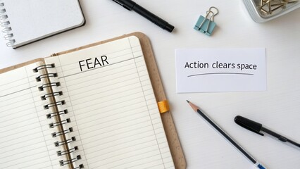 Open notebook with FEAR written and a card saying Action clears