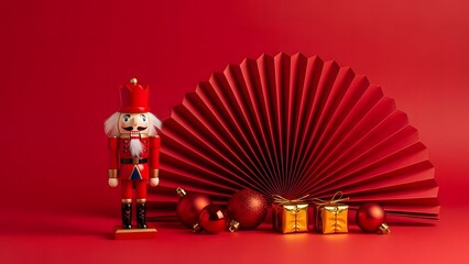 Festive red christmas still life with nutcracker ornaments and paper fan