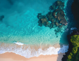 Aerial View of Turquoise Tropical Beach and Coral Reef
