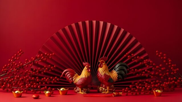 Festive chinese new year decoration with roosters and red fan