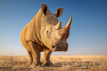 Obraz premium Majestic white rhinoceros stands proudly in the african savannah under a clear blue sky