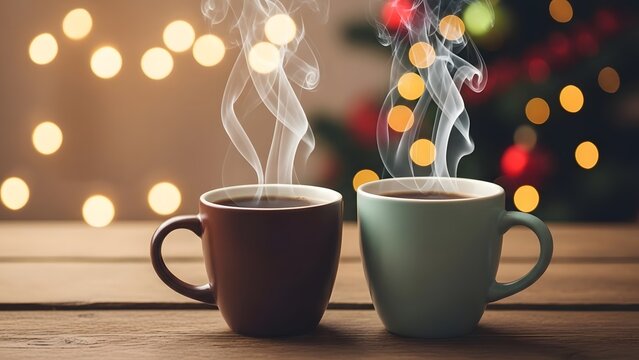 Two steaming mugs of coffee in a cozy christmas setting