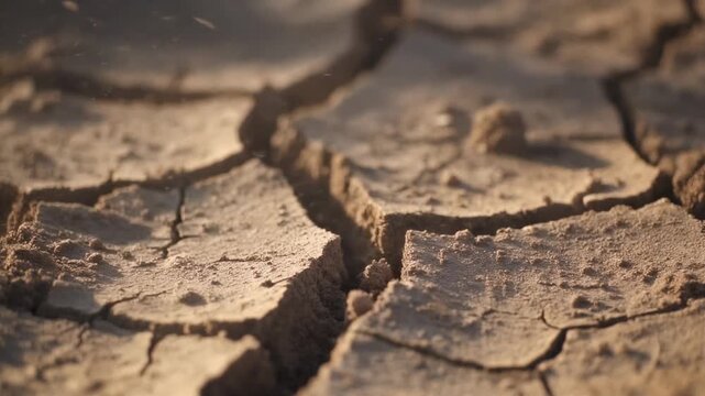 Extreme close-up of parched, cracked earth in a dry desert landscape highlighting severe drought conditions and climate change