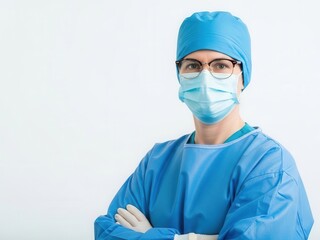 Surgeon with mask and cap ready for operation on white background