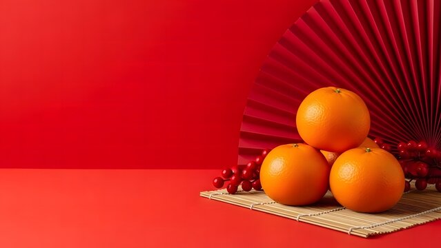 Festive lunar new year still life with oranges and red fan - Powered by Adobe