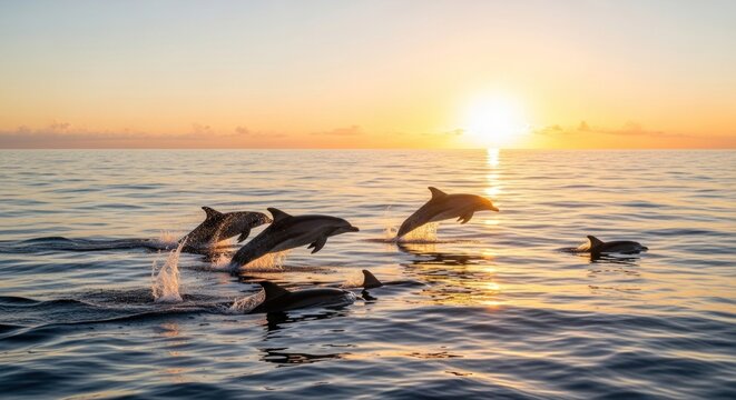 Dolphins leap from the ocean at sunset - Powered by Adobe