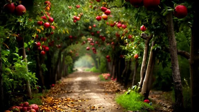 A vivid, naturethemed photograph of an apple orchard. The main subject is the red apples, which stand out against the green foliage. The visual attributes include the glossy texture of the apples.