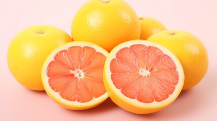 Freshly cut vibrant grapefruit halves and whole fruits create a bright, healthy, and delicious citrus fruit arrangement on a soft pink background