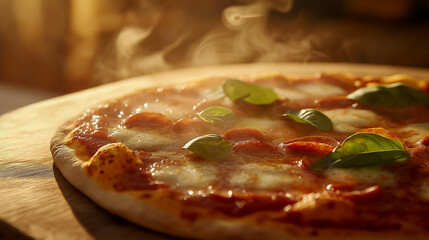 Freshly baked Neapolitan pizza with bubbling cheese and fresh basil in a warm kitchen setting