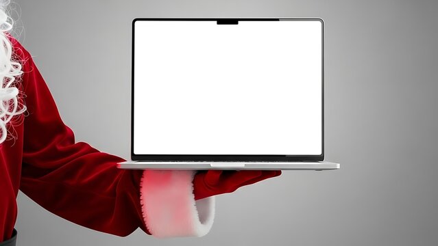 Santa claus holding a laptop with a blank screen for christmas holiday advertising and online shopping promotion perfect for festive marketing