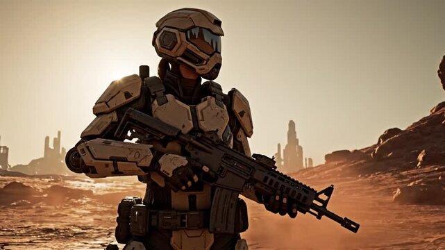 A soldier in a military exoskeleton suit holding a rifle in a desert landscape with a futuristic cityscape in the background at sunset.