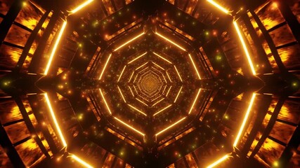Futuristic glowing orange gold neon light tunnel with shimmering particles and hypnotic hexagon shape design creating an abstract endless loop animation background - Powered by Adobe