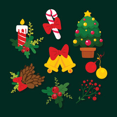 Set of dark-green panel of classic Christmas symbols &mdash; candy cane, candles, bells, tree and pinecone &mdash; arranged as a cozy holiday collection for cards and social posts.