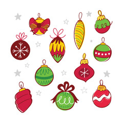 Set of assorted colorful Christmas tree ornaments and baubles&mdash;round, teardrop and patterned shapes&mdash;playful flat-style icons for holiday craft and card designs.