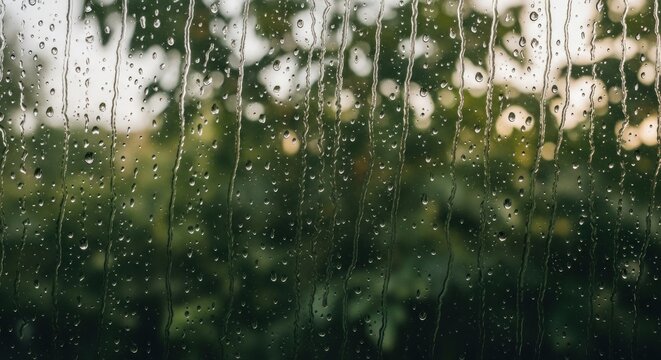 Raindrops streak down a windowpane obscuring a blurred green foliage background