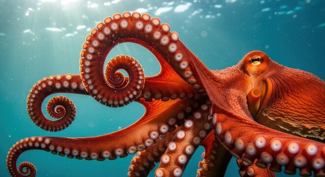 Red octopus with curling tentacles underwater sun rays filtering through blue water