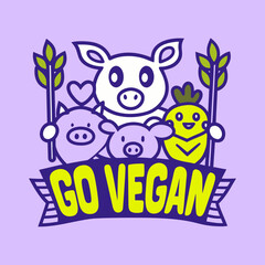 Smiling cartoon pigs and a carrot with go vegan text
