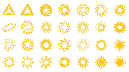 Obraz premium Collection of various yellow spiral and circular graphic design elements on white background.