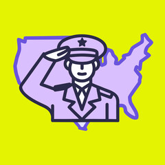 Soldier saluting in front of U S map minimal line art