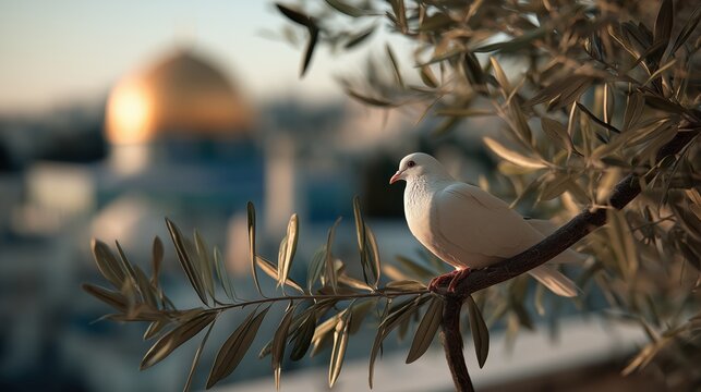 Une colombe blanche perch&eacute;e sur une branche d'olivier au coucher du soleil