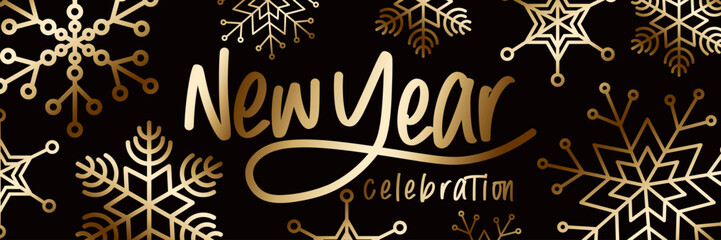 New Year Celebration Golden Snowflake Banner for holiday promotions, invitations, and seasonal graphics.