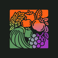 Stylized cornucopia with fruits and leaves horn of plenty