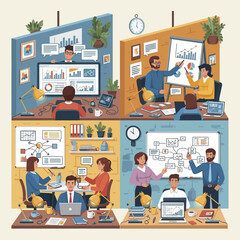 Set of Four Illustrations Showing Business People Collaborating in Office Environments.