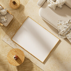 Bright minimalist living room with beige sofa, wooden furniture, neutral tones, soft natural lighting, and modern interior mock-up scene. 3D illustration.