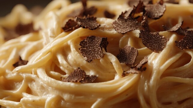 A warm bowl of creamy pasta awaits, generously garnished with rich black truffle shavings. The inviting kitchen setting enhances this delightful culinary experience