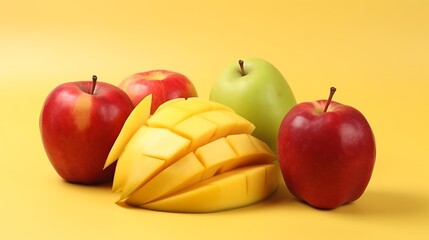 Brighten your day with vibrant apples and juicy mango, perfect for healthy eating promotions and fresh food ads on a sunny yellow backdrop