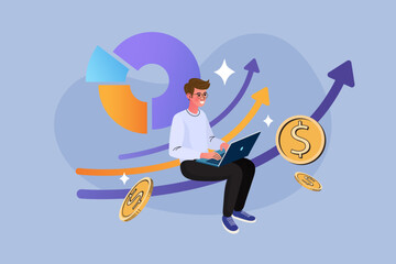 Happy businessman sitting on rising chart line working on laptop with floating gold coins. Concept of successful digital investment and financial growth strategy.