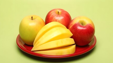 Delicious apples and mango slices arranged beautifully on a red plate, perfect for healthy lifestyle promotions and vibrant food photography projects