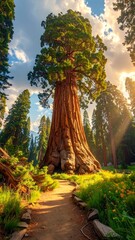 Majestic Giant Sequoia Tree in a Lush Forest with Sunlit Path.