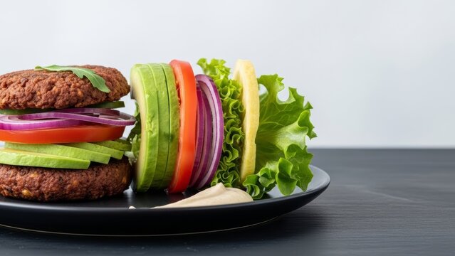 Enjoy a delicious vegan burger with fresh avocado and vibrant vegetables for a healthy lifestyle today