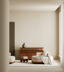 Contemporary living room with negative space, rounded lounge chair, and warm natural light highlighting minimalist design 3D illustration